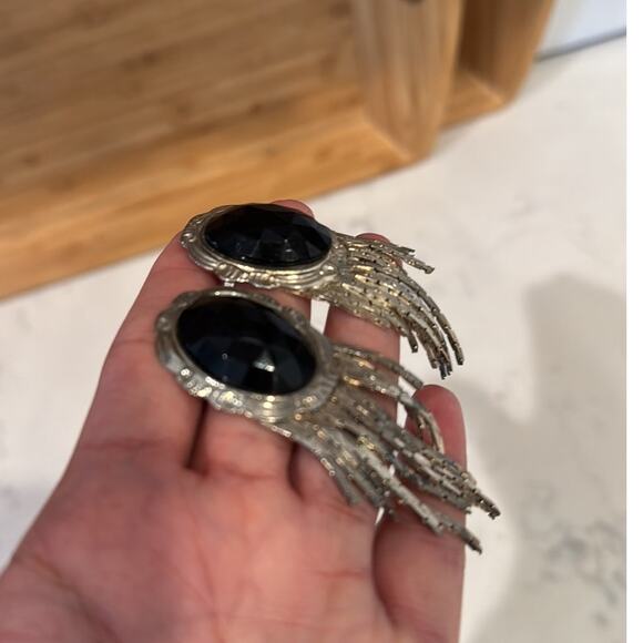 Vintage silver tone black faux stone dangle earrings western glam NFR Rodeo - Picture 2 of 5